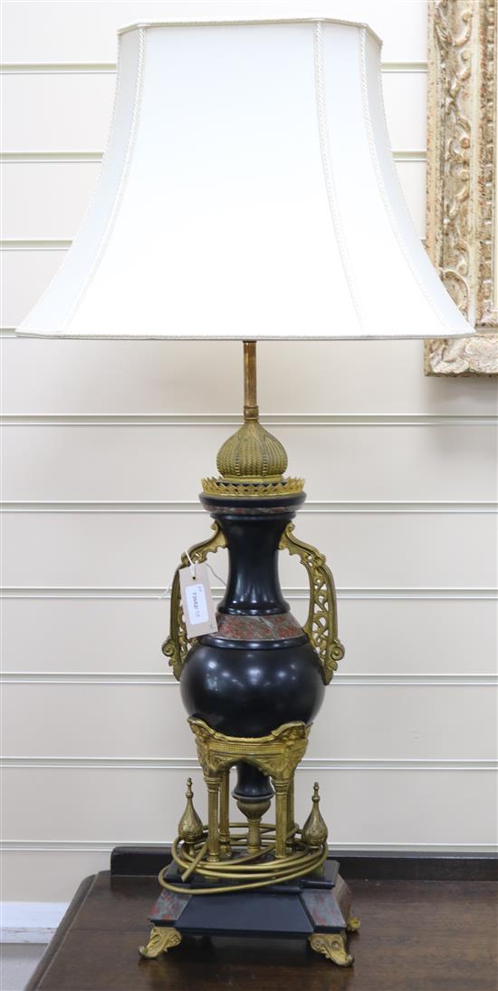 A pair of 19th century ormolu and marble table lamps, of architectural form (converted to electricity), H.62cm